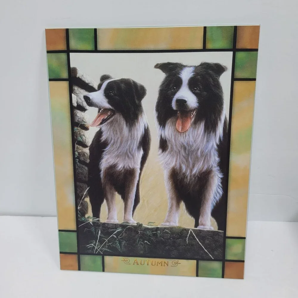 The Danbury Mint Border Collie Stained Glass Lighted Clock 4-Seasons Like New